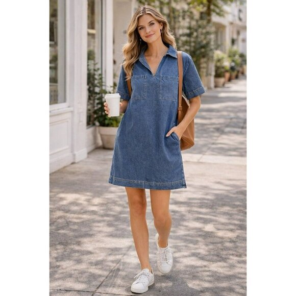 Unbranded Dresses & Skirts - Denim Shift Dress Medium Blue Cotton Collared Pocket Casual Mini